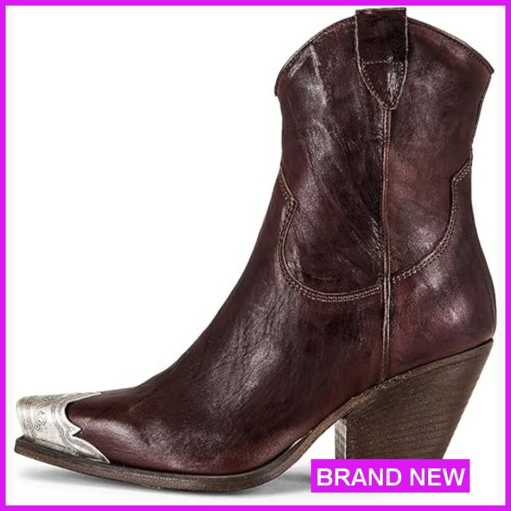 Western Cowgirl Ankle Boots Stacked Heel Steel Toe Side Zipper Booties